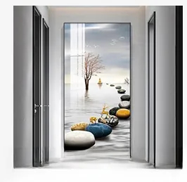 Vertical Zen wall art with golden deer and pebbles in a modern hallway setting