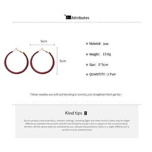 Detail specifications of 5cm round hoop earrings in burgundy iron with silver needles