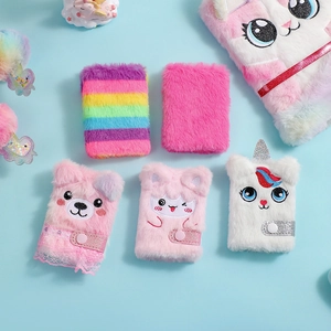 Mini plush cartoon unicorn and bear notebooks with soft fur and sequin snap closure