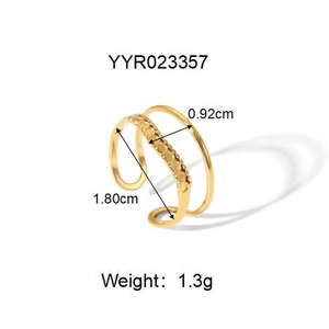 Detailed dimensions of a gold crown-style open ring with embossed dots and dual layers