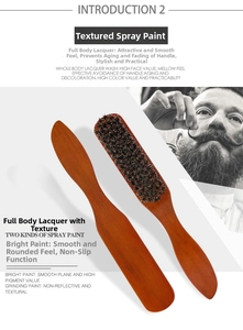 Detail of premium wooden beard brush featuring glossy lacquer finish and dense black bristles