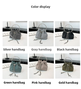 Detail view of mini bucket bag color options featuring sparkling rhinestones and ring handles