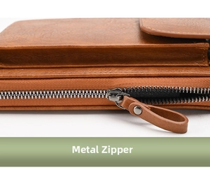 Macro detail of high-quality metal zipper on brown leather crossbody phone bag