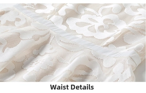 Close-up of intricate white lace floral patterns and elegant waistband of the dress