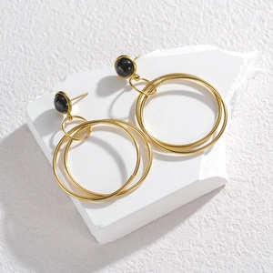 French vintage style gold geometric hoop earrings with black resin detail for women