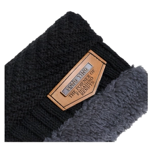 Black knitted winter hat with thick grey fleece lining and premium leather logo detail