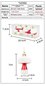 Detailed view of red and white mushroom Christmas tree ornaments with dimensions and specifications