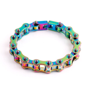 Detail of mechanical bicycle chain style bracelet with vibrant rainbow gradient finish