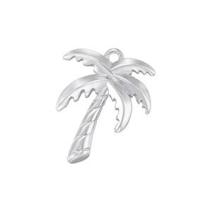 Detailed macro view of silver coconut tree pendant showing textured leaves and trunk