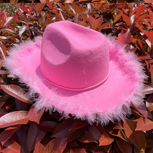 Detalle de sombrero vaquero rosa con borde de plumas suaves y textura de fieltro