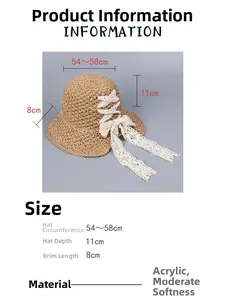 Detailed size specifications for khaki straw sun hat with white lace ribbon bow