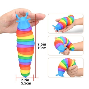 Rainbow flexible slug toy for sensory relief, 7.5 inch length shown with dimensions