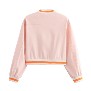 Back view of pink bomber jacket with orange striped ribbed cuffs on white background