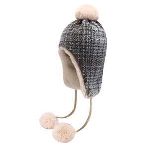 Winter thermal knit trapper hat with fleece lining and plush pom poms in grey