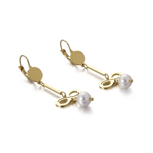 Elegant gold titanium earrings with infinity symbol, long drop design and white pearls