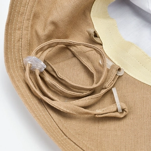 Khaki wide brim sun hat with adjustable detachable chin strap and internal sweatband