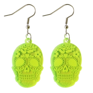 Fluorescent green sugar skull earrings with floral details for Halloween and Day of the Dead