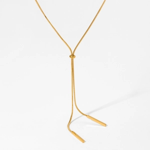 Gold Y-shaped stainless steel necklace with adjustable slide and rectangular bar pendants