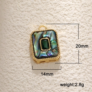 Rectangle abalone shell pendant with green stone, gold frame and size specs 14x20mm