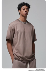 Relaxed fit cotton summer set featuring washed t-shirt and shorts in taupe with cream drawstring