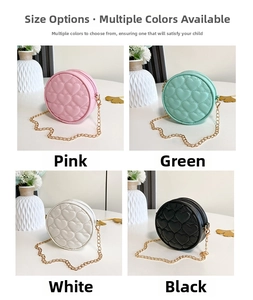 Four colors of mini heart-quilted round crossbody bags for children with gold chain straps