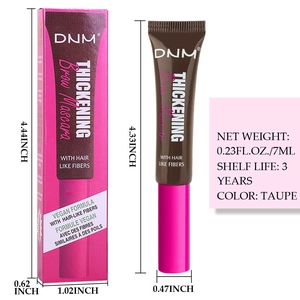 Detailed view of taupe brow mascara tube with packaging and vegan formula specs