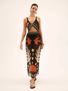 Retro vintage print mesh sleeveless two-piece long dress set for beach vacation
