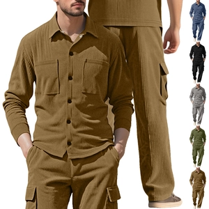 Detail view of men's corduroy leisure set featuring cargo pockets and multiple color options