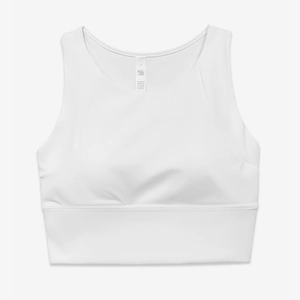 Dettaglio reggiseno sportivo bianco con ampia fascia elastica e tessuto tecnico elastico