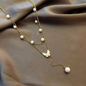 Double Layer Butterfly Pendant Necklace Titanium Steel With Imitation Artificial Pearl And White Shell Elegant Tassel Y Chain For Women