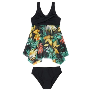 Detail of girls high-elastic nylon three-piece swimsuit with tropical leaf print and mesh skirt