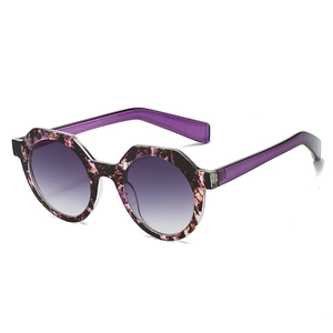 Retro polygon sunglasses with purple marble texture frame and gradient lenses on white backdrop