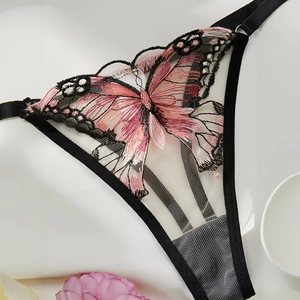 Detailed macro view of black lace thong with pink butterfly embroidery and mesh fabric