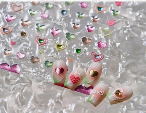 Détails d'autocollants 3D pour ongles en forme de cœur avec paillettes et motifs Lovely