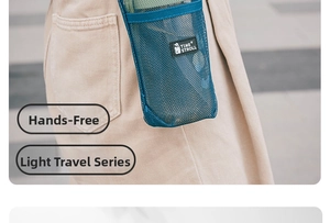 Close-up of blue mesh water bottle pouch with TIME STROLL logo for outdoor travel