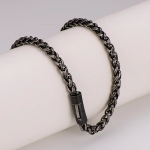 Retro dark grey stainless steel wheat chain necklace with magnetic cylindrical clasp