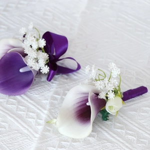 Artificial calla lily boutonniere set with purple and white flowers for wedding events