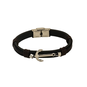 Multi-layer black braided leather bracelet with silver stainless steel anchor clasp