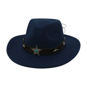 Dark blue fedora with black leather band and turquoise star ornament for men and women