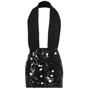 Detail view of plunging deep V-neckline and shimmering black sequins on the mini dress