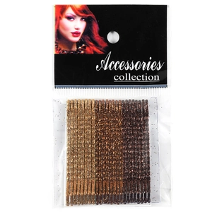 Set of 30 gradient glitter bobby pins in gold and bronze tones on a display card