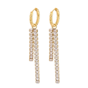 Elegant gold hoop earrings with asymmetrical rhinestone tassels and hanging chains