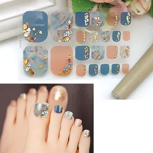 Waterproof marble and gold foil blue-pink toenail polish stickers set with nail file