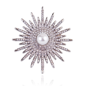Sparkling silver sunflower brooch with a central pearl and radiant crystal stones
