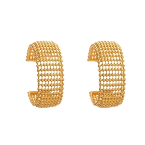 Golden geometric C-shaped hoop earrings with a textured mesh bead pattern for women