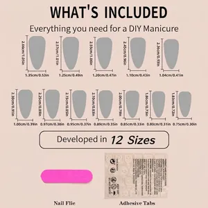 Size chart for French almond press-on nails with 12 sizes, nail file, and adhesive tabs