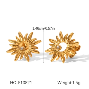Detailed view of hollow gold sunflower stud earrings with zircon inlay and product dimensions