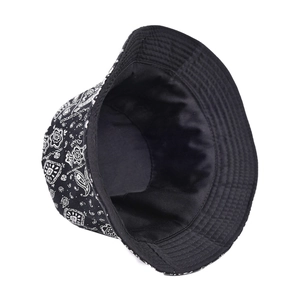 Unisex black paisley bucket hat with white pattern and foldable sun protection design