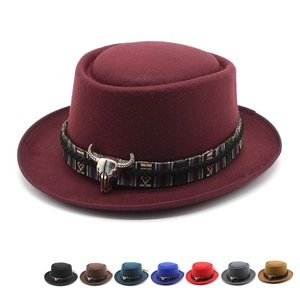 Vintage Western Cowboy Woolen Felt Fedora Hat Ethnic Braided Band Metal Bull Head Buckle Pork Pie Hat For Men Women