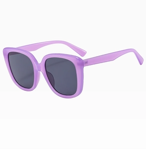 Detail view of purple translucent square sunglasses with dark lenses and durable frames